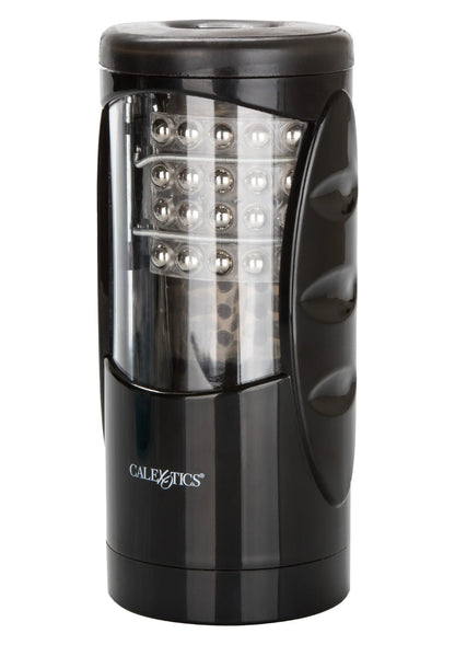 Zwarte CalExotics masturbatorstroker met transparante kop en led-lampjes