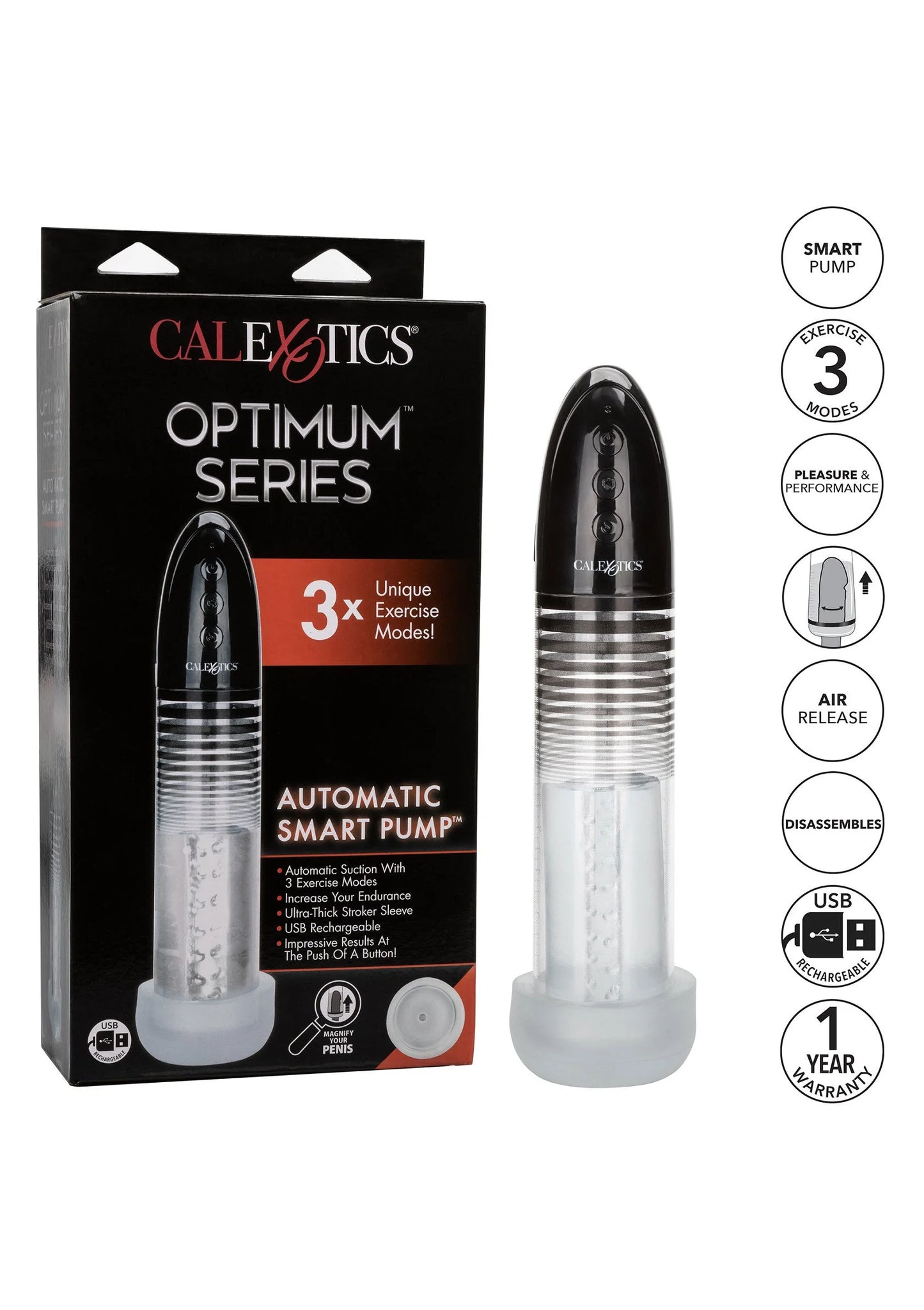 Automatische smart penis-pomp met transparante cilinder en zwarte kop, in setverpakking