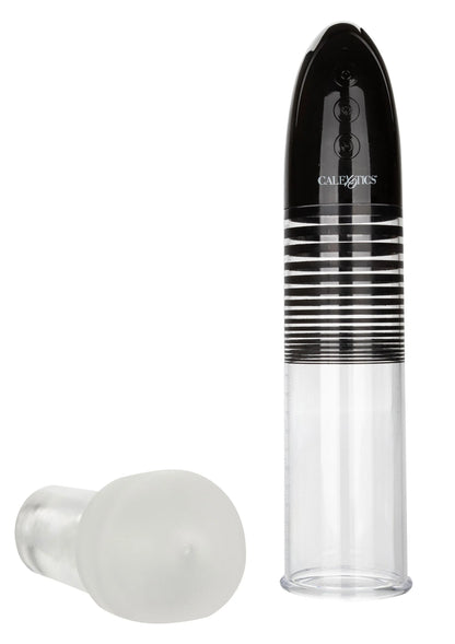 Automatische penis-pomp met zwarte kop, transparante cilinder en losse opzetstuk
