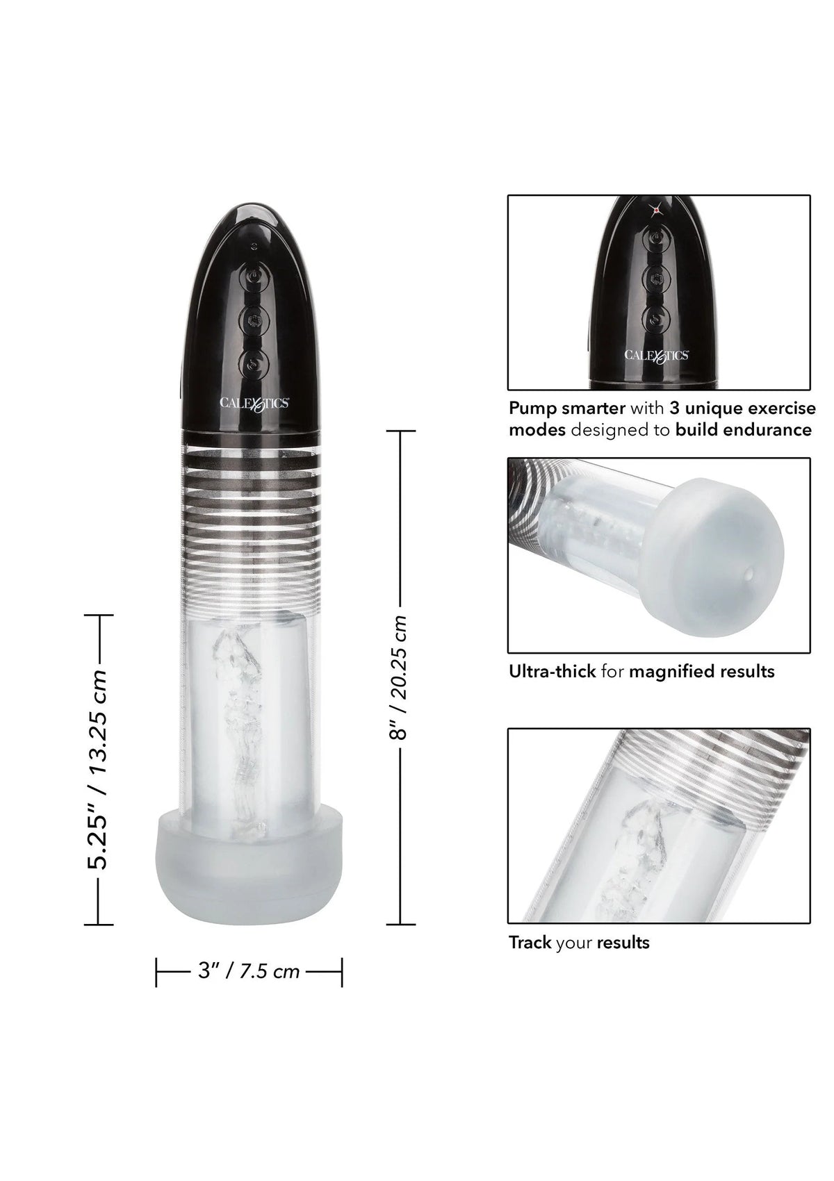 Automatische smart penis-pomp zijaanzicht met transparante cilinder en zwarte bovenkant
