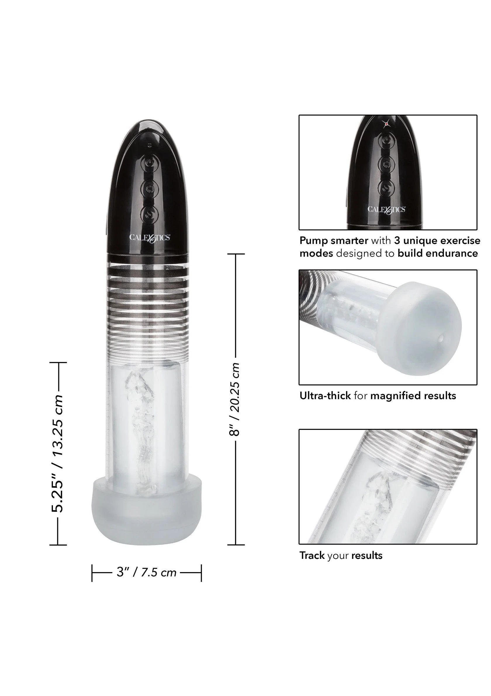 Automatische smart penis-pomp zijaanzicht met transparante cilinder en zwarte bovenkant