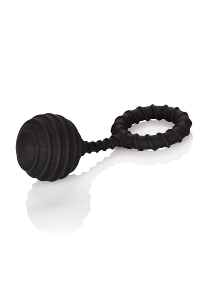 Zwarte gewichtcockring met boluiteinde en ribbelring, zijaanzicht