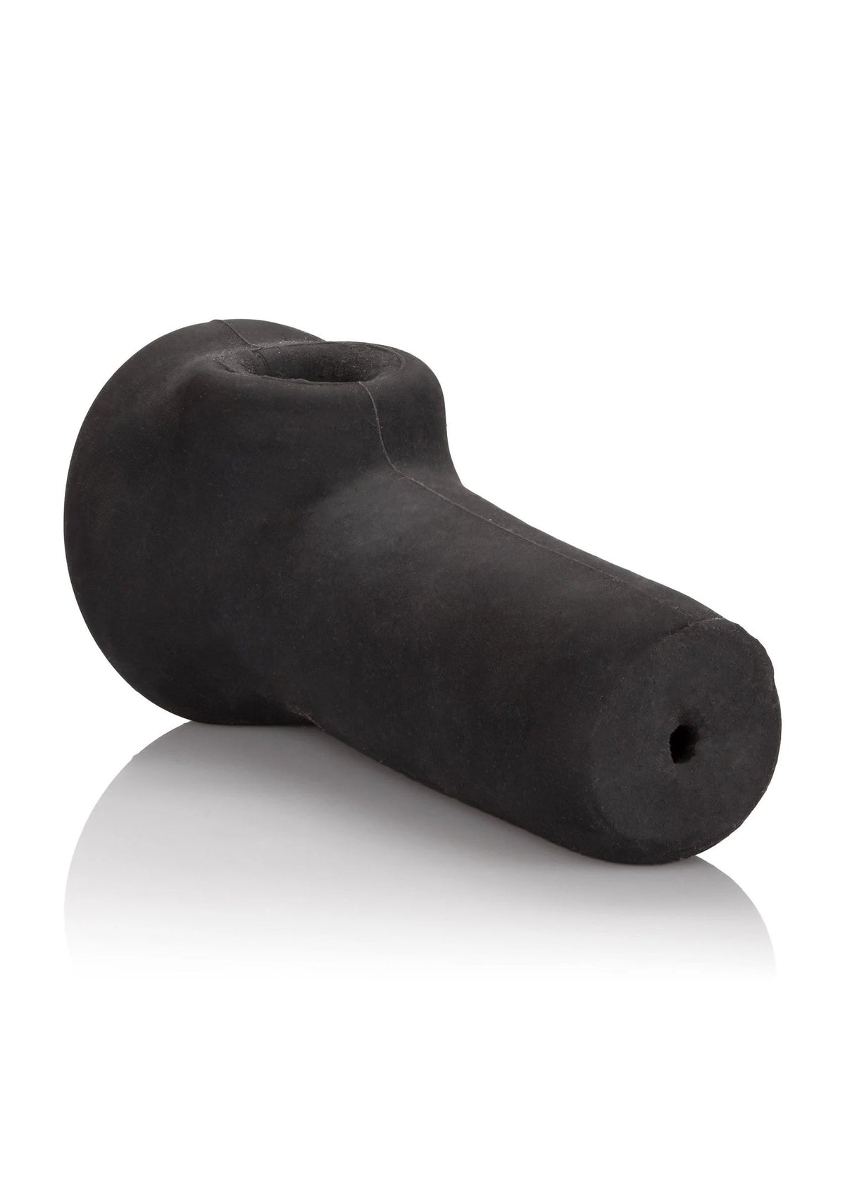 Zwarte penissleeve met afgeronde kop, brede basis en klein gaatje aan de zijkant