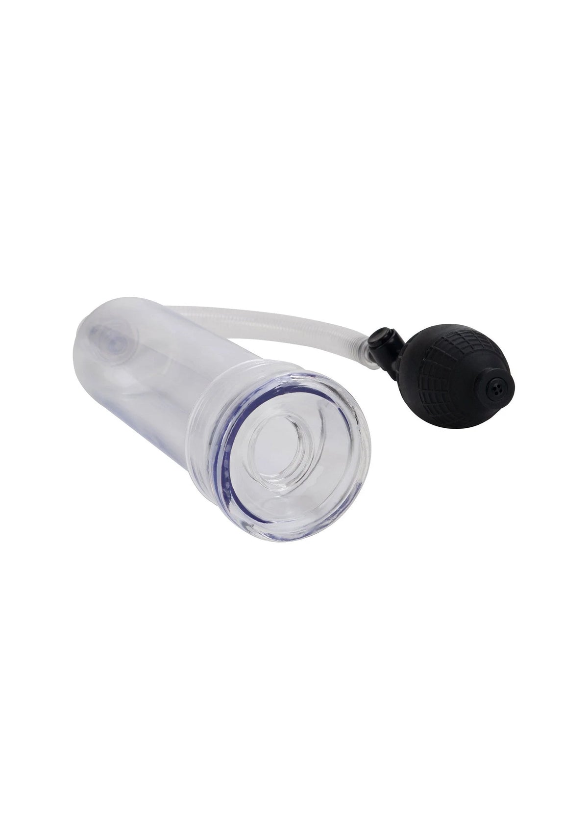 Close-up transparante cilinder met blauwe binnenring en zwarte pompknop