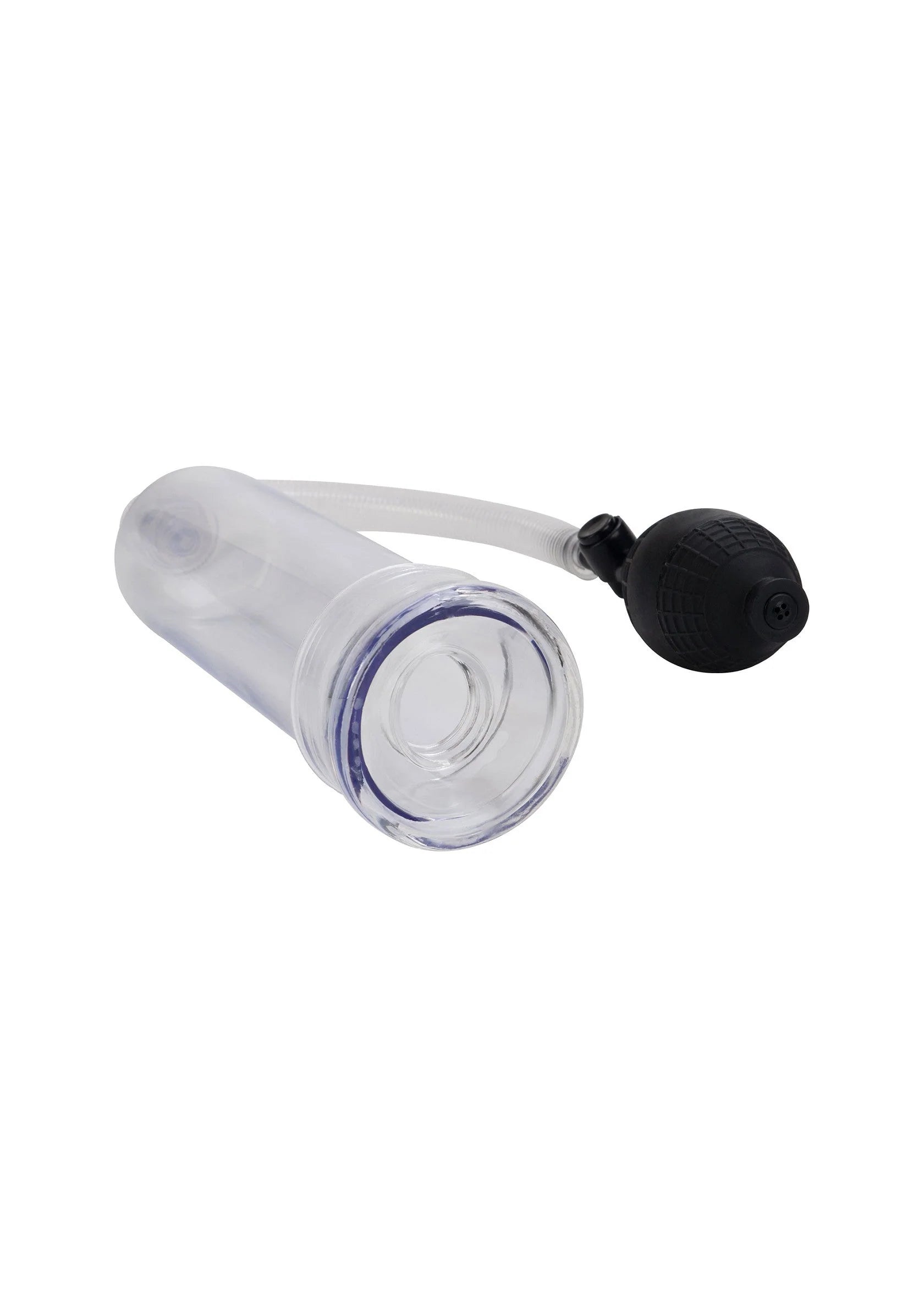 Close-up transparante cilinder met blauwe binnenring en zwarte pompknop