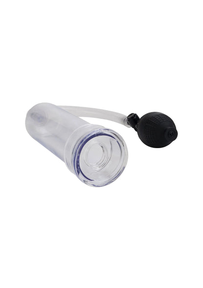Close-up transparante cilinder met blauwe binnenring en zwarte pompknop