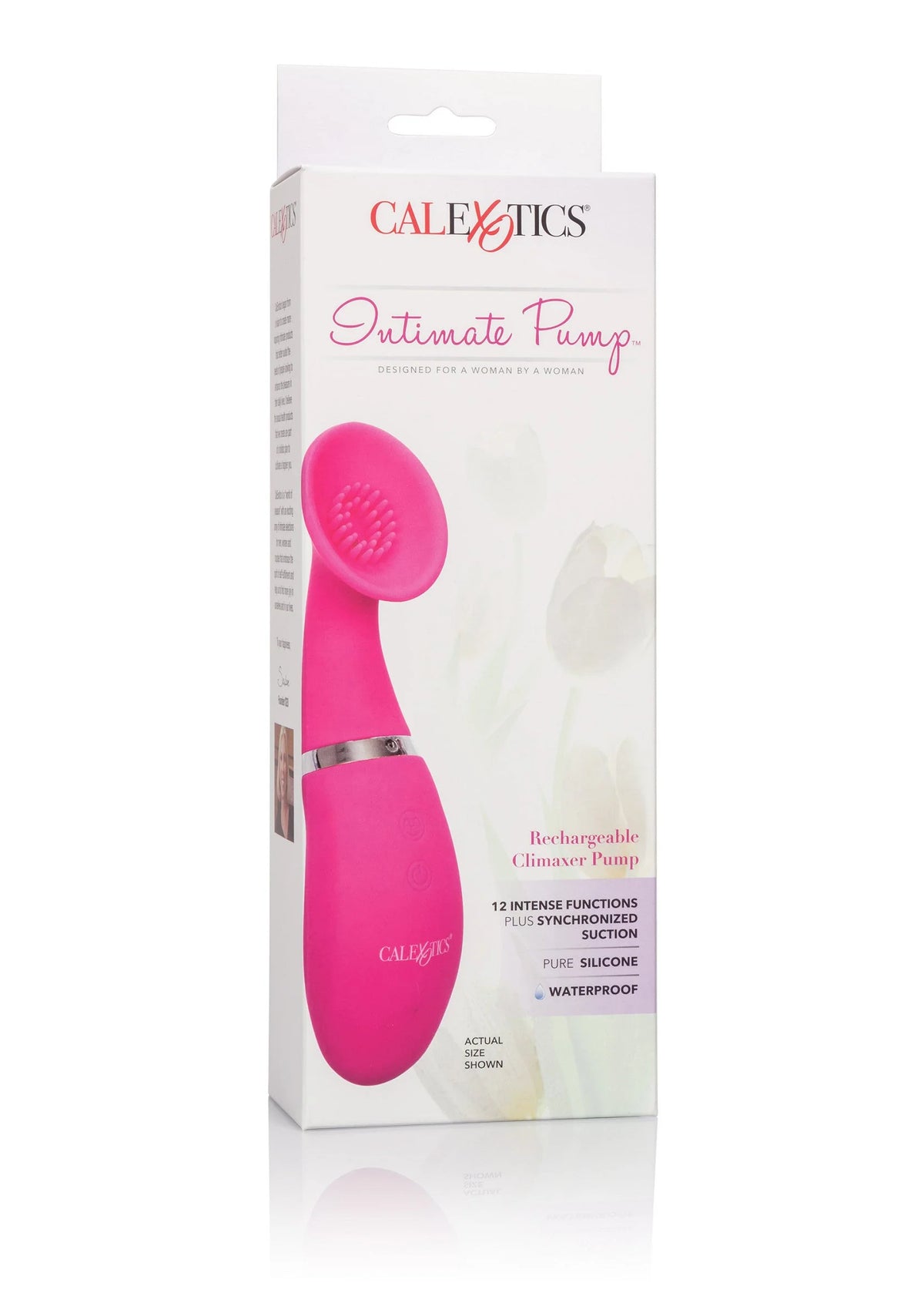 Verpakking CalExotics roze intim pomp, waterdicht model met ribbelkop.