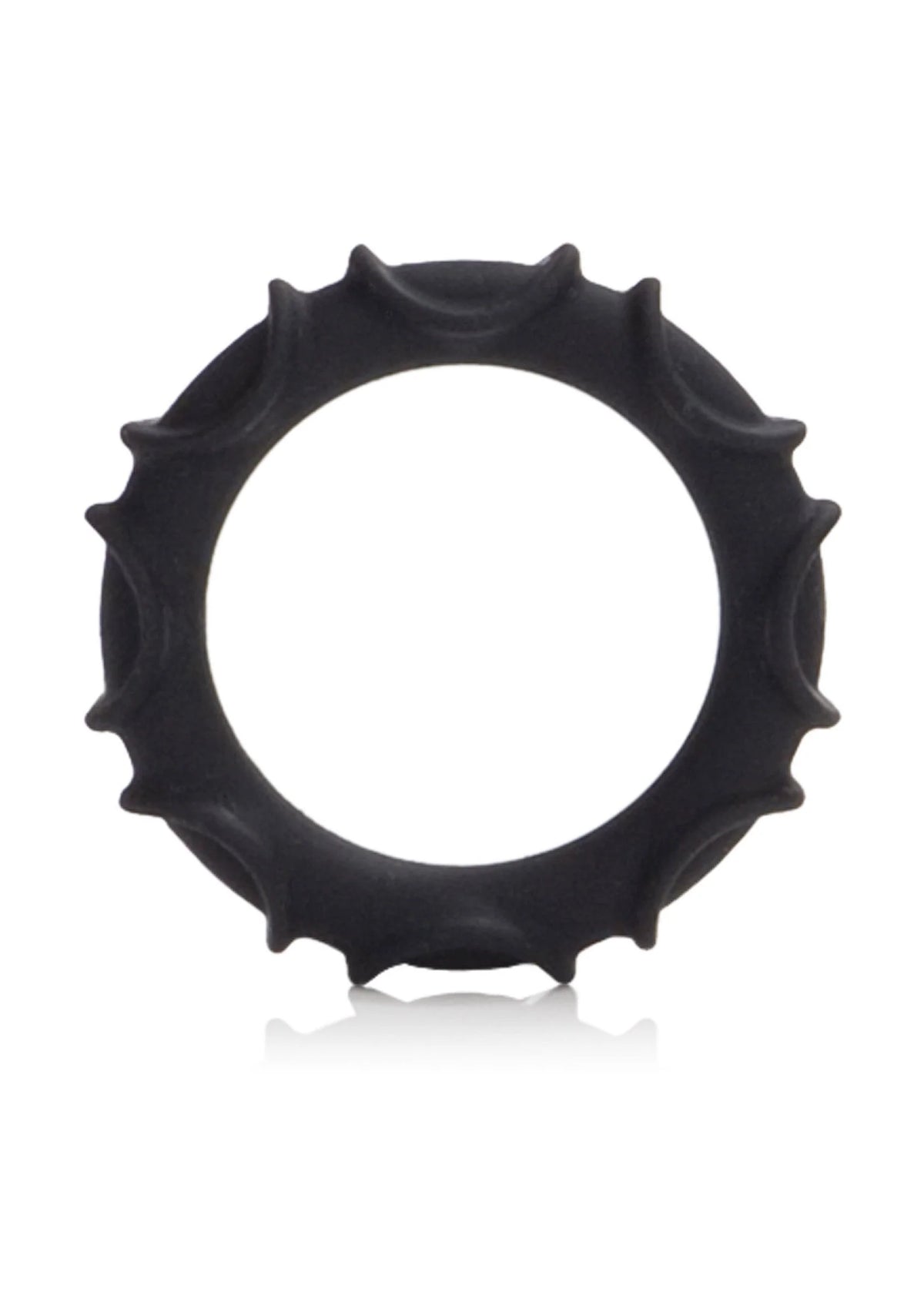 Zwarte siliconen ring met getextureerde ribbels rond de rand, open binnenzijde.