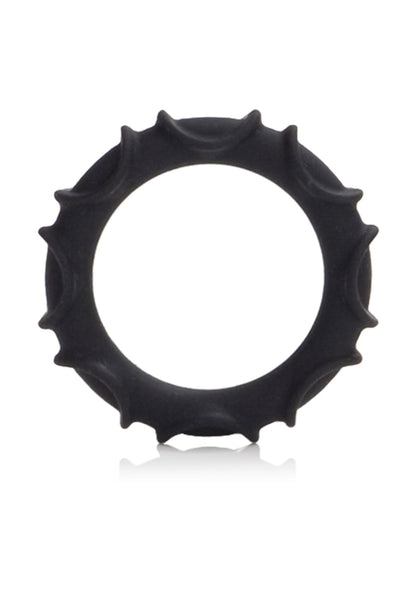 Zwarte siliconen ring met getextureerde ribbels rond de rand, open binnenzijde.