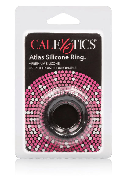 CalExotics Atlas siliconen ring in blisterverpakking, zwarte ring met glanzende opening.