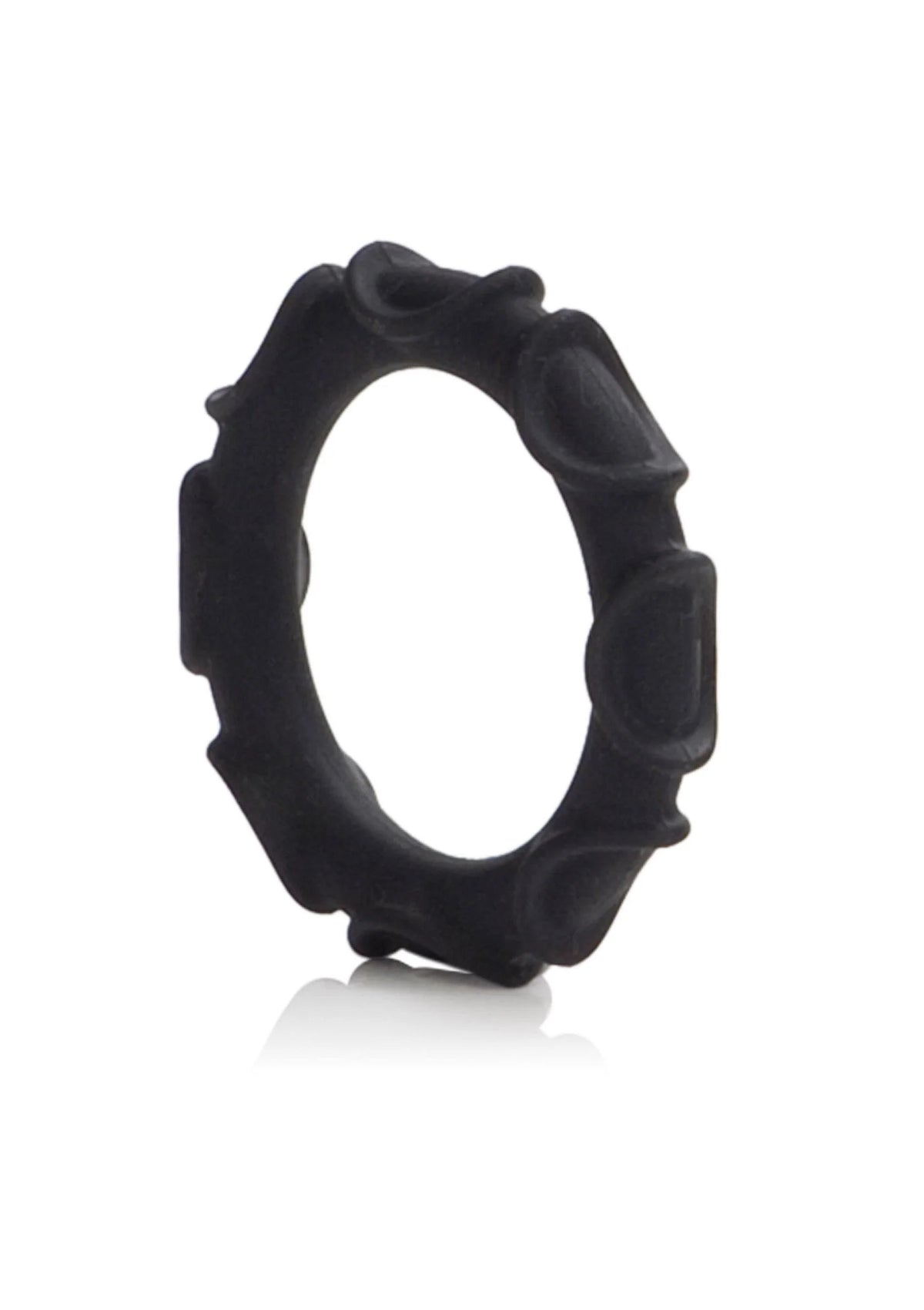 Zwarte siliconen ring met opstaande knobbels en ribbels, gebogen band.