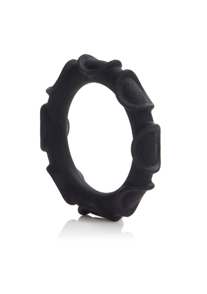 Zwarte siliconen ring met opstaande knobbels en ribbels, gebogen band.