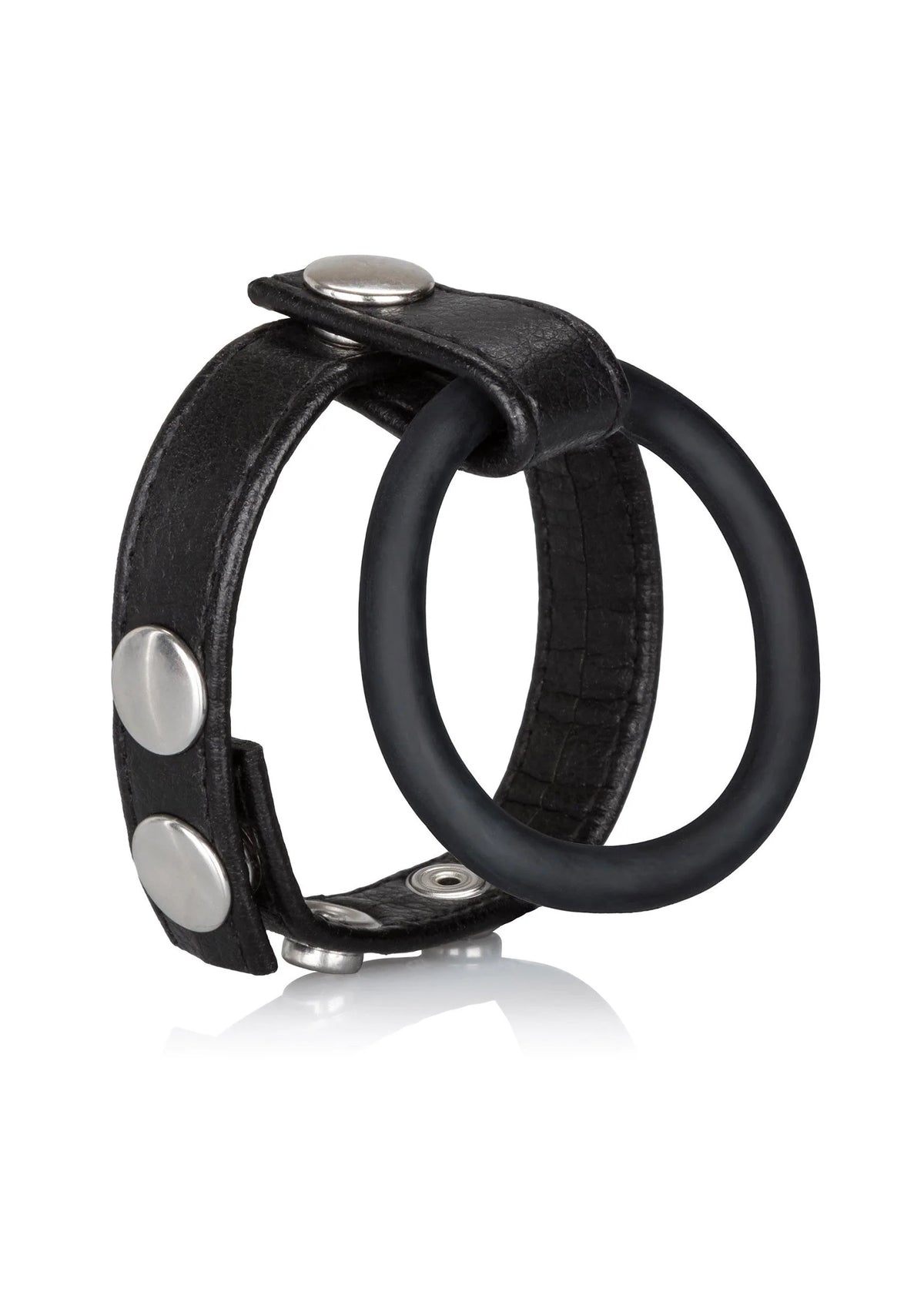 Medium leren balspreider van CalExotics: zwarte ring met leren band en twee metalen knoppen