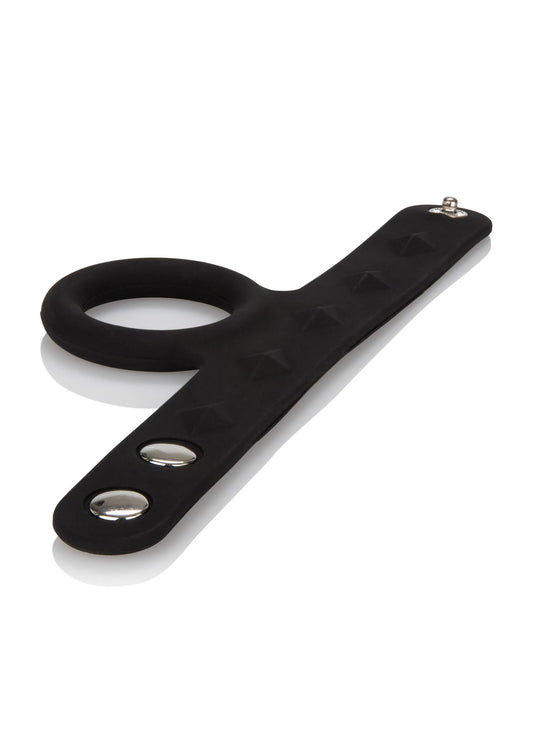 zwarte siliconen tri-snap scrotum support ring met drie metalen drukknoppen
