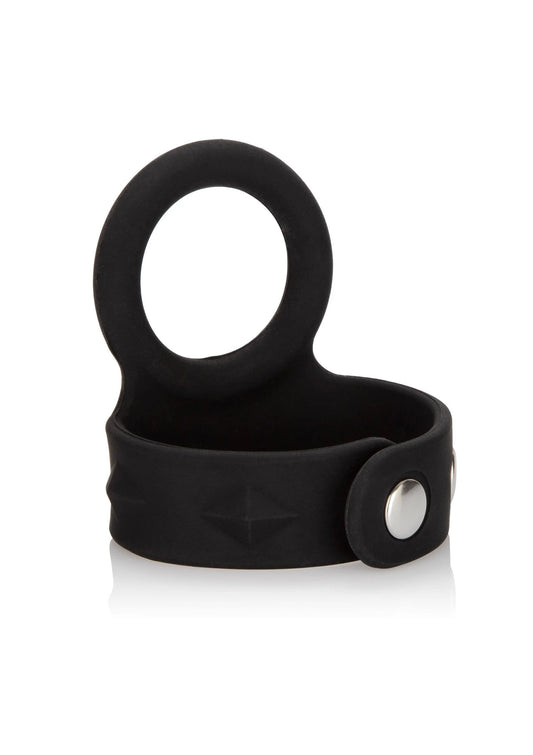 Zwarte siliconen scrotum steunring met ronde opening en tri-snap sluiting