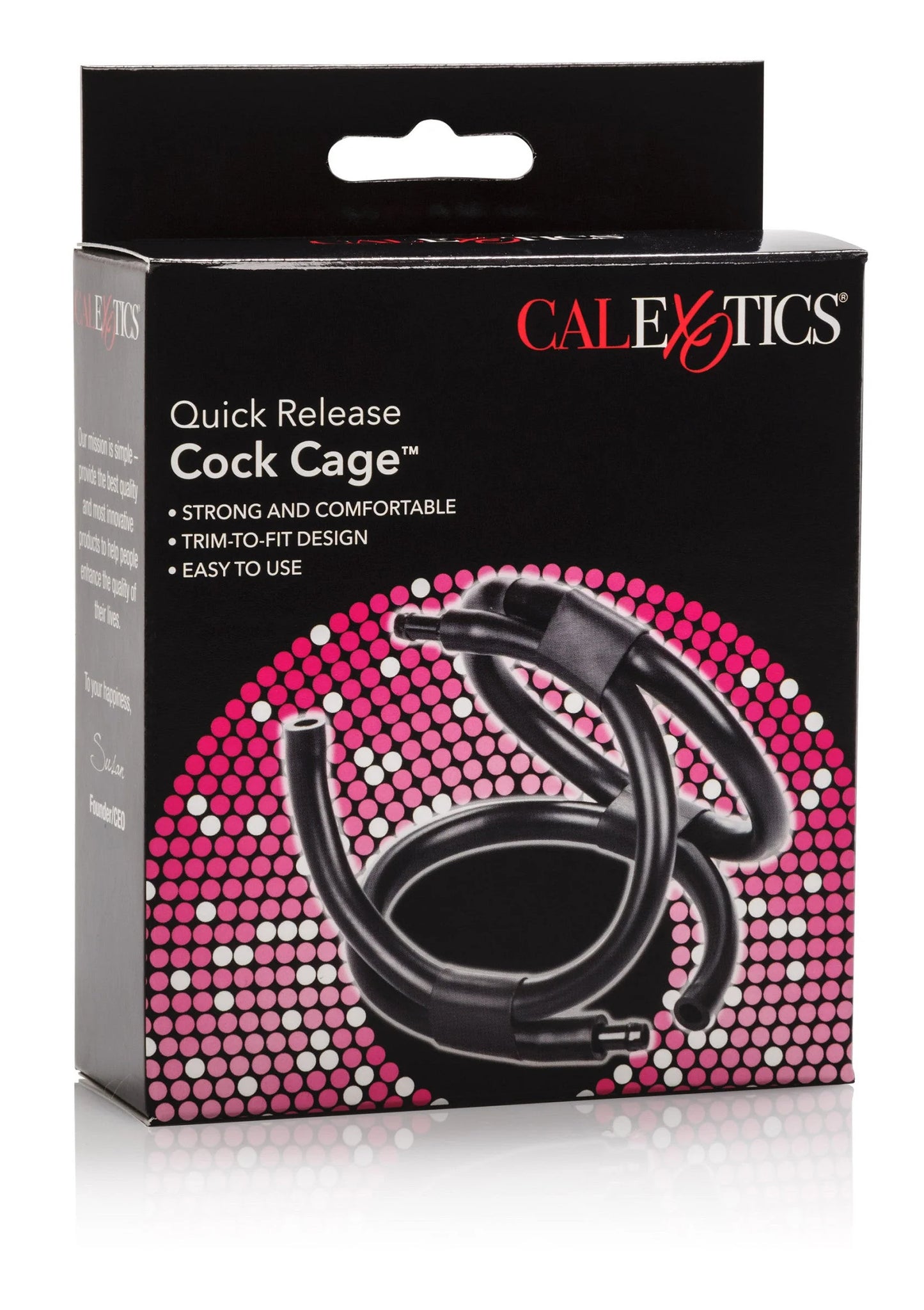 CalExotics verpakking met Quick Release Cock Cage, zwarte kooi met ringen.