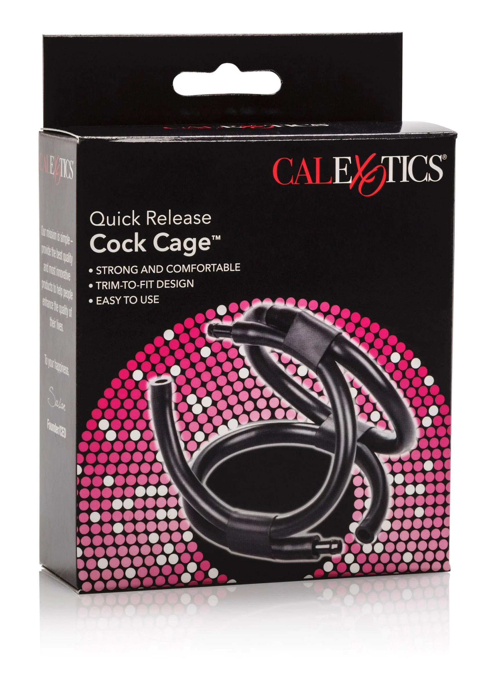 CalExotics verpakking met Quick Release Cock Cage, zwarte kooi met ringen.