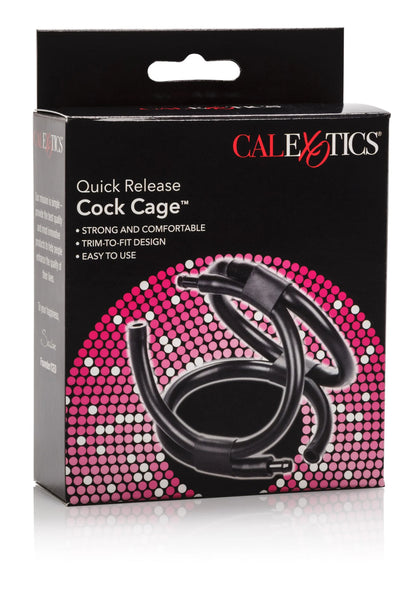 CalExotics verpakking met Quick Release Cock Cage, zwarte kooi met ringen.
