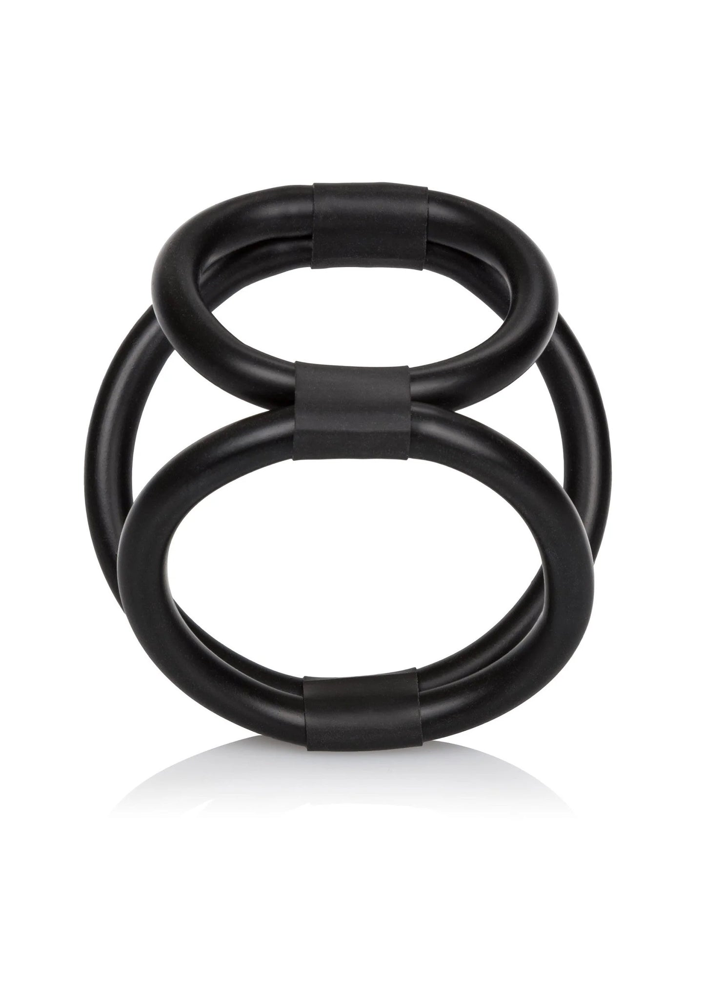 Zwarte cock cage met twee ringen, compact samengebonden met banden.