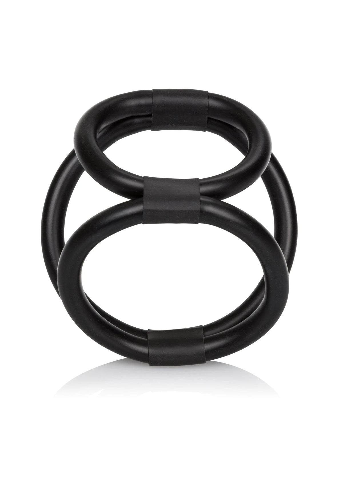 Zwarte cock cage met twee ringen, compact samengebonden met banden.