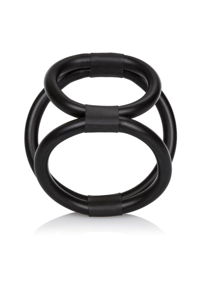 Zwarte cock cage met twee ringen, compact samengebonden met banden.