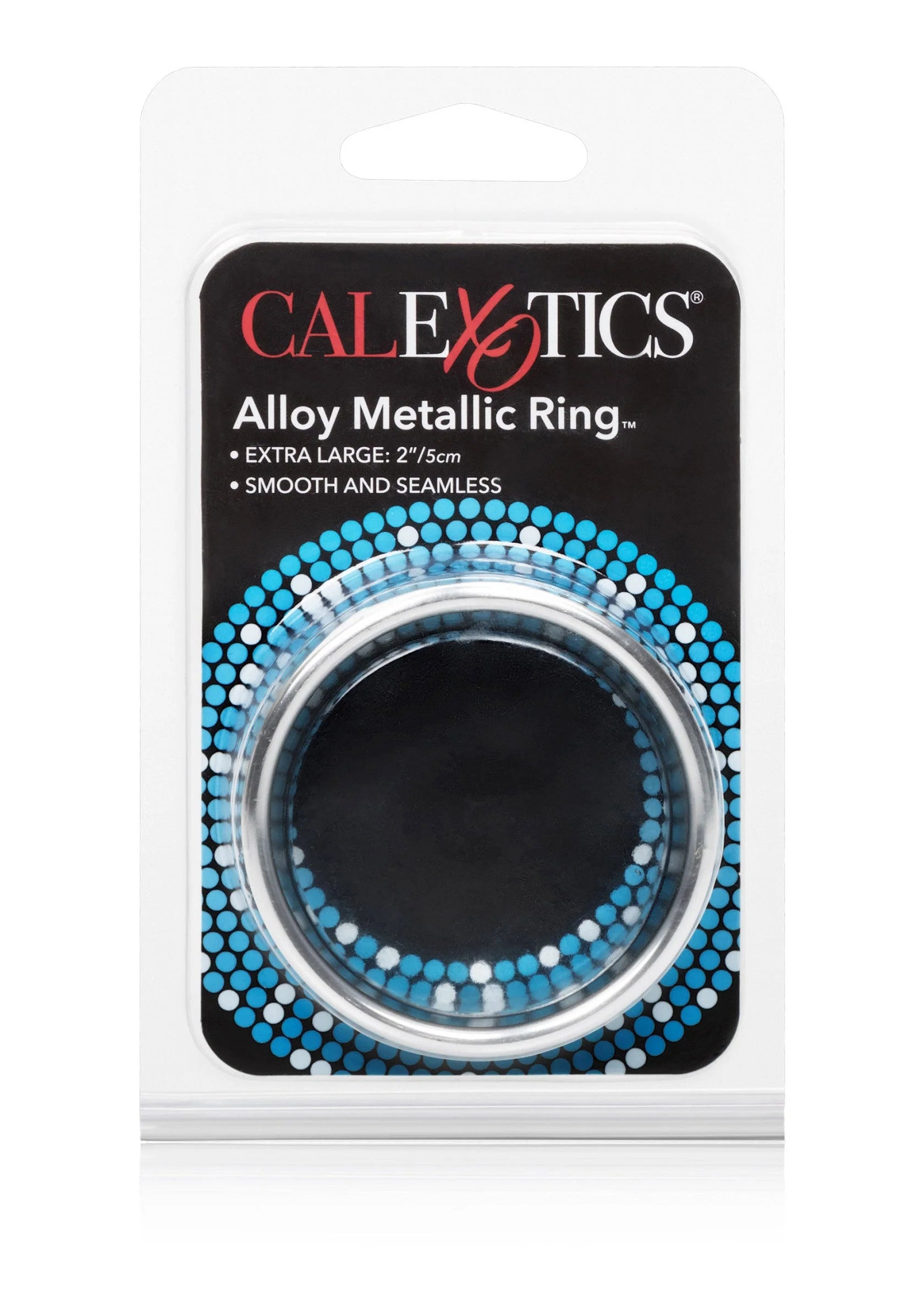 CalExotics verpakking met zilverkleurige metalen ring en blauwe bolletjesdecoratie