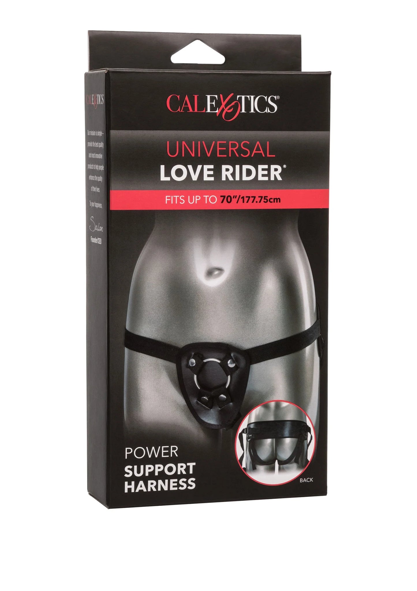 CalExotics Universal Love Rider power support harnas, gedetailleerd op verpakking