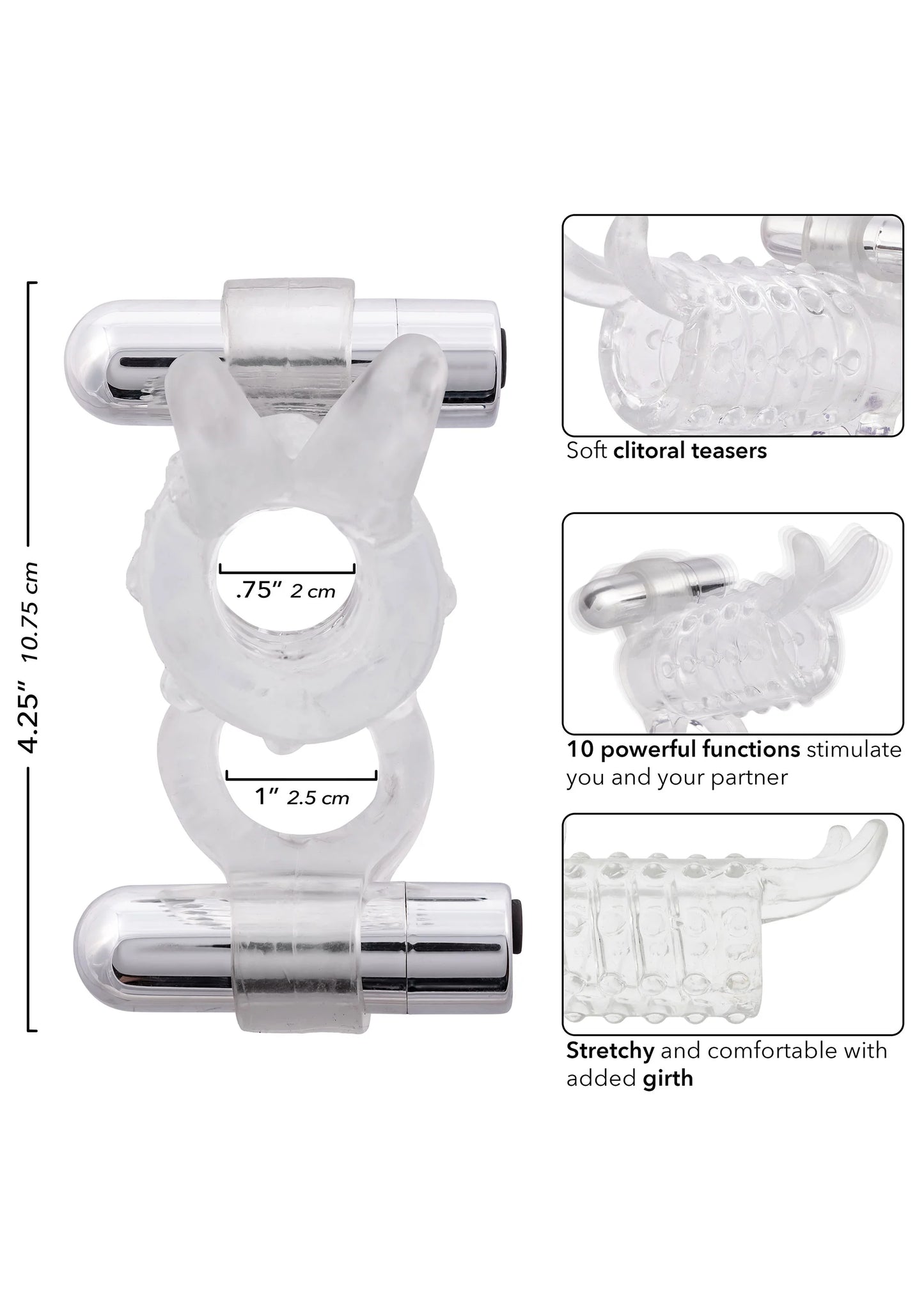Transparant koppel-enhancer met afmetingen en twee zilverkleurige cartridges, CalExotics