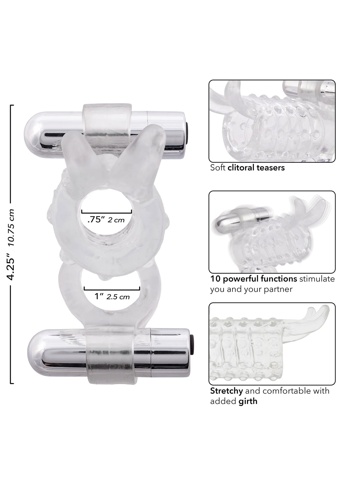 Transparant koppel-enhancer met afmetingen en twee zilverkleurige cartridges, CalExotics
