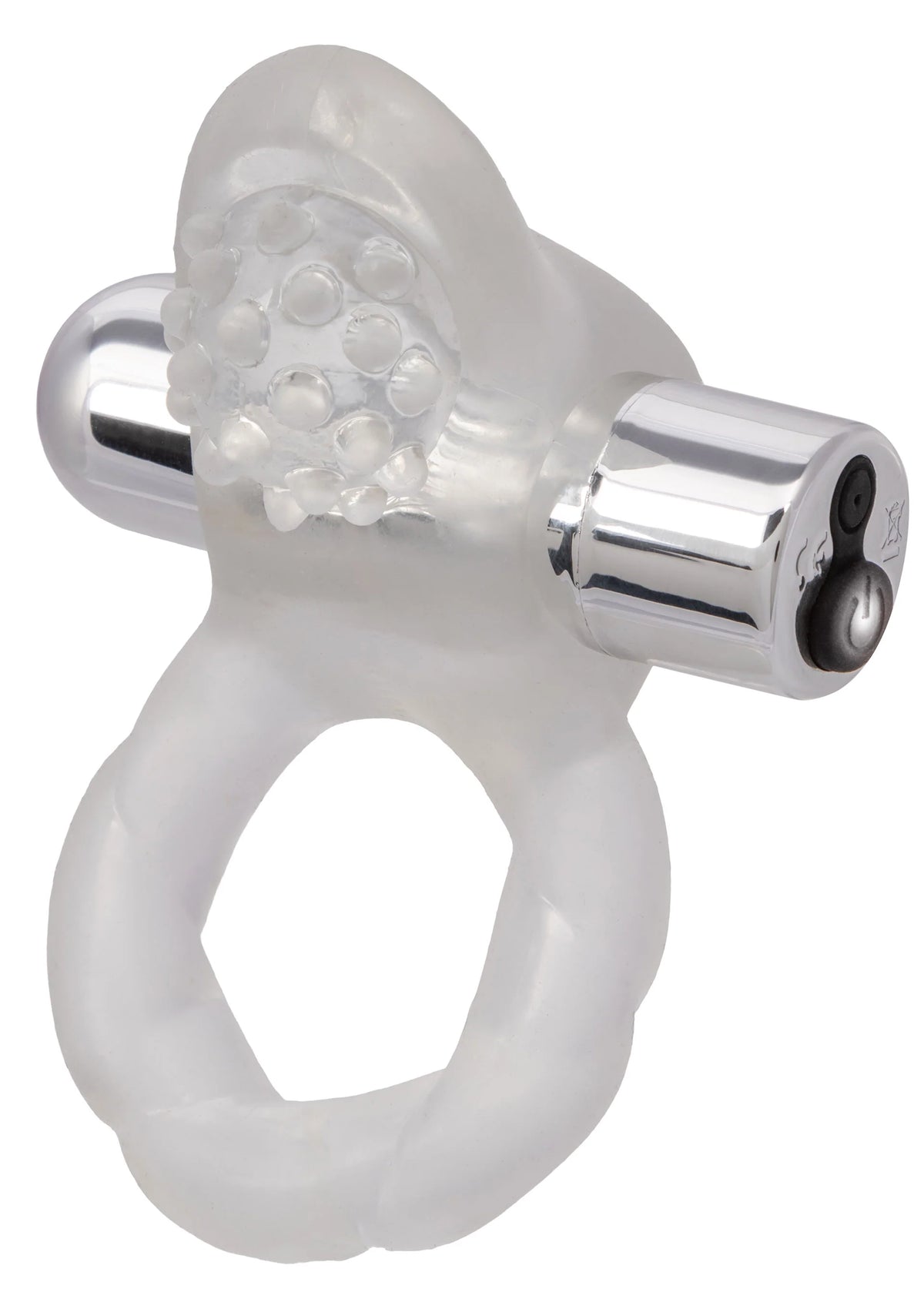 Doorzichtige cockring met nubbige vibratorkop en zilveren cilindervormige module.