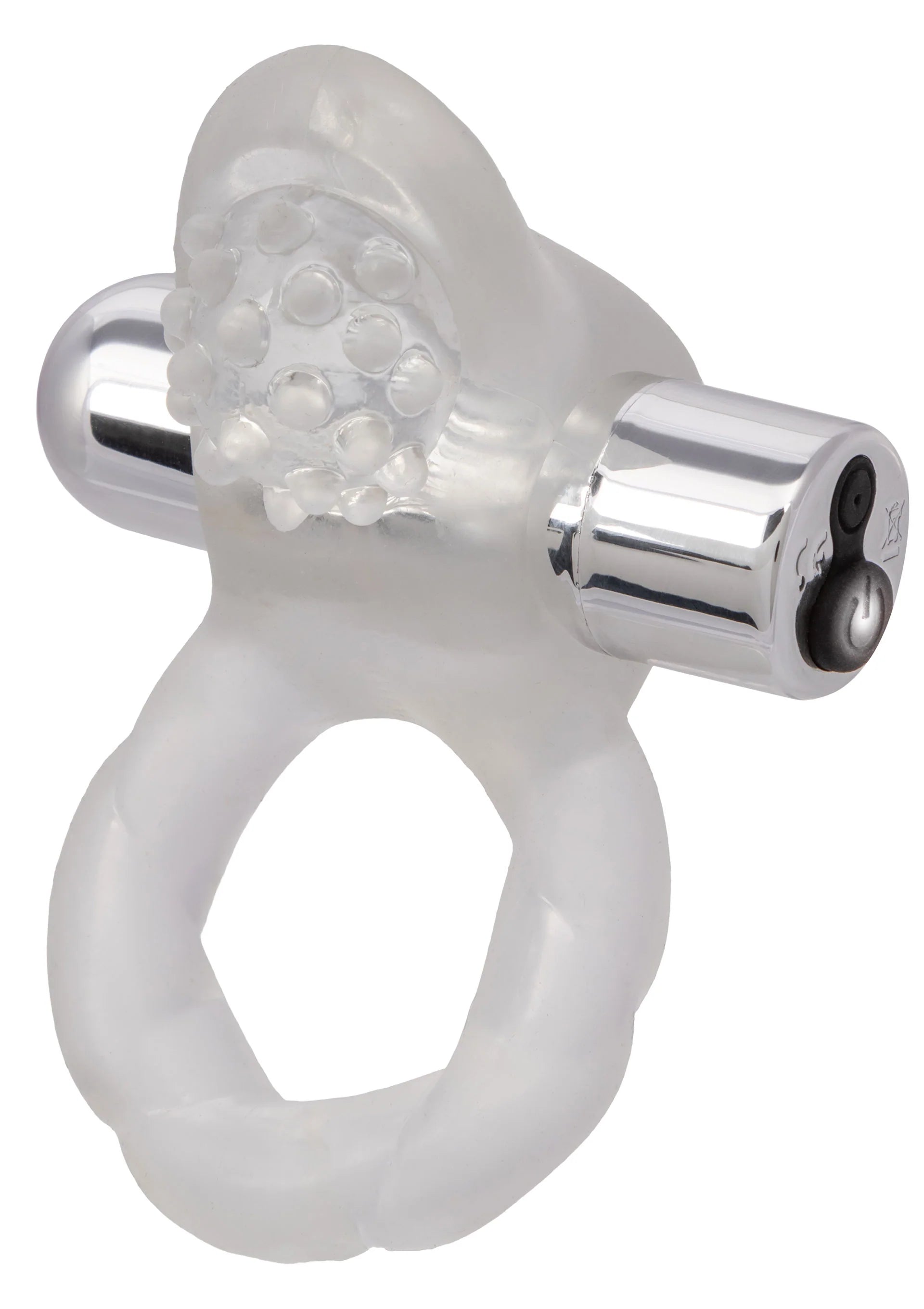 Doorzichtige cockring met nubbige vibratorkop en zilveren cilindervormige module.
