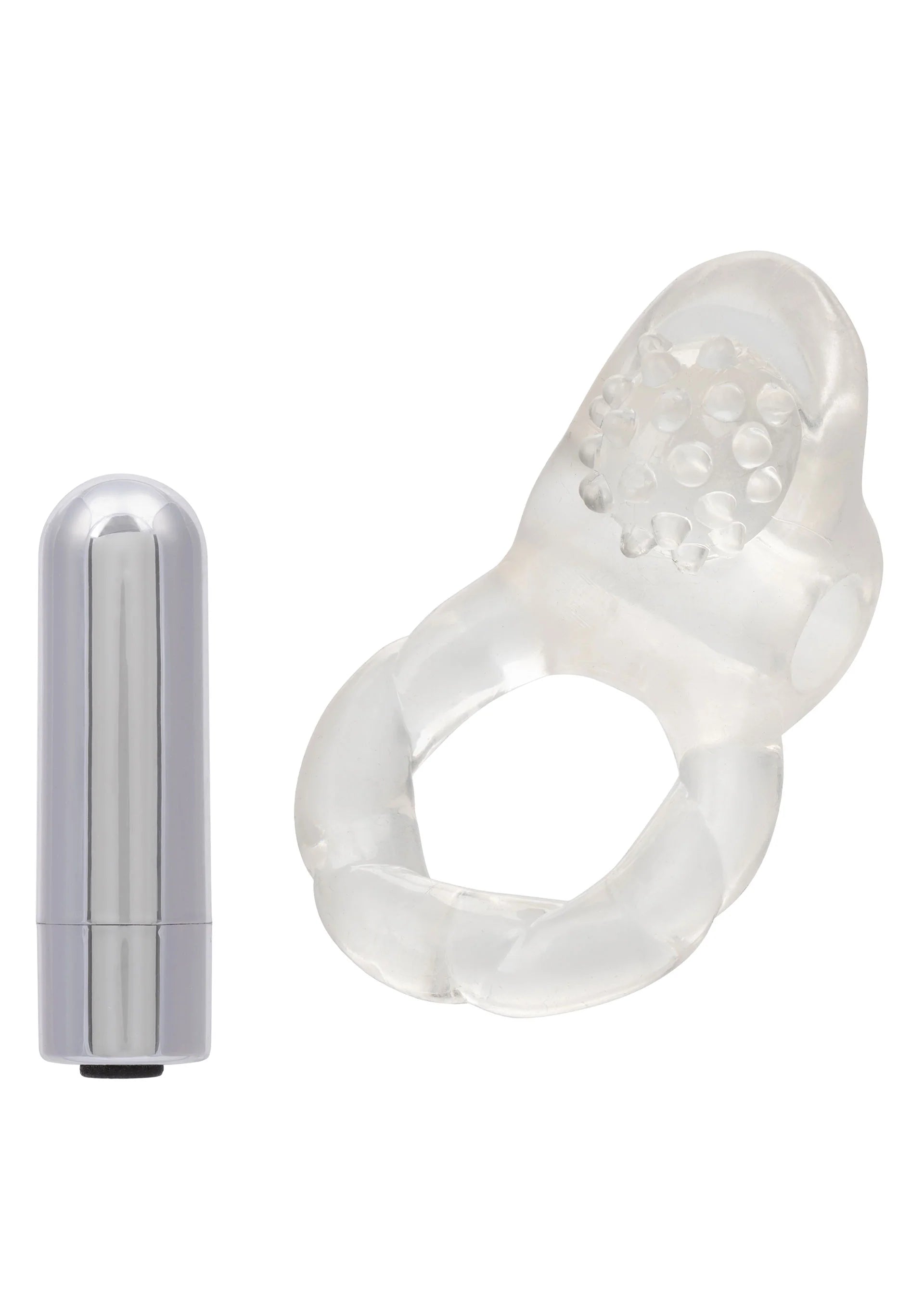 Vibrerende cockring met doorzichtige, nubbige hoofdkop en ronde opening.