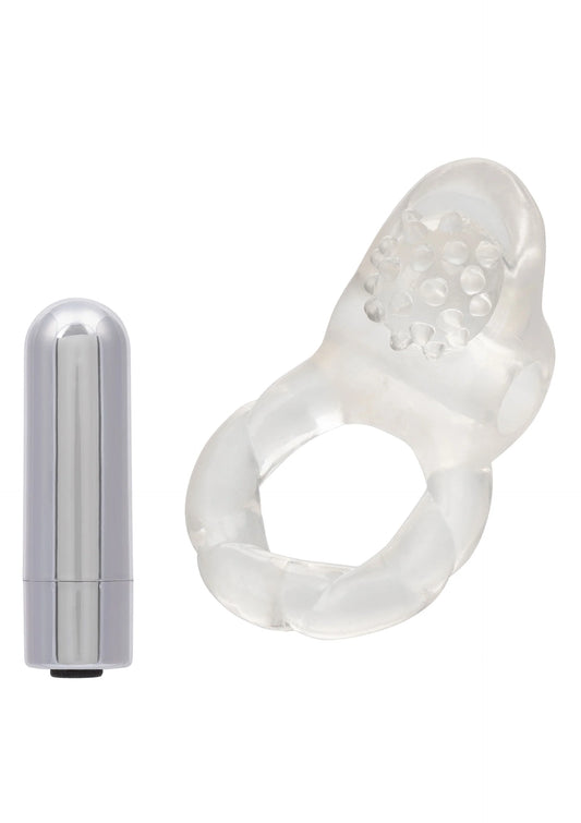 Vibrerende cockring met doorzichtige, nubbige hoofdkop en ronde opening.
