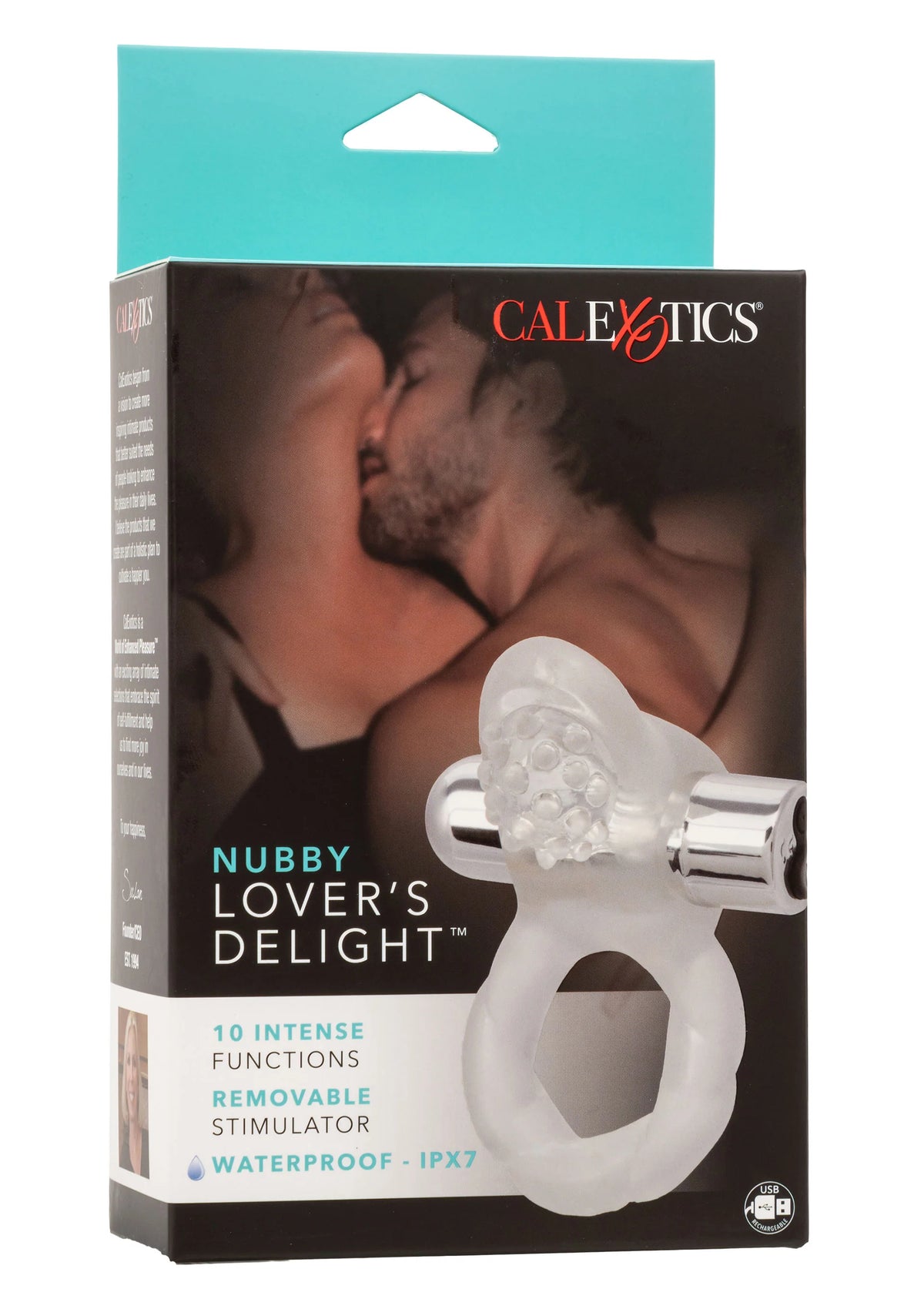 Verpakkingsbeeld: CalExotics nubby lover’s delight vibrerende cockring, met 10 functies.