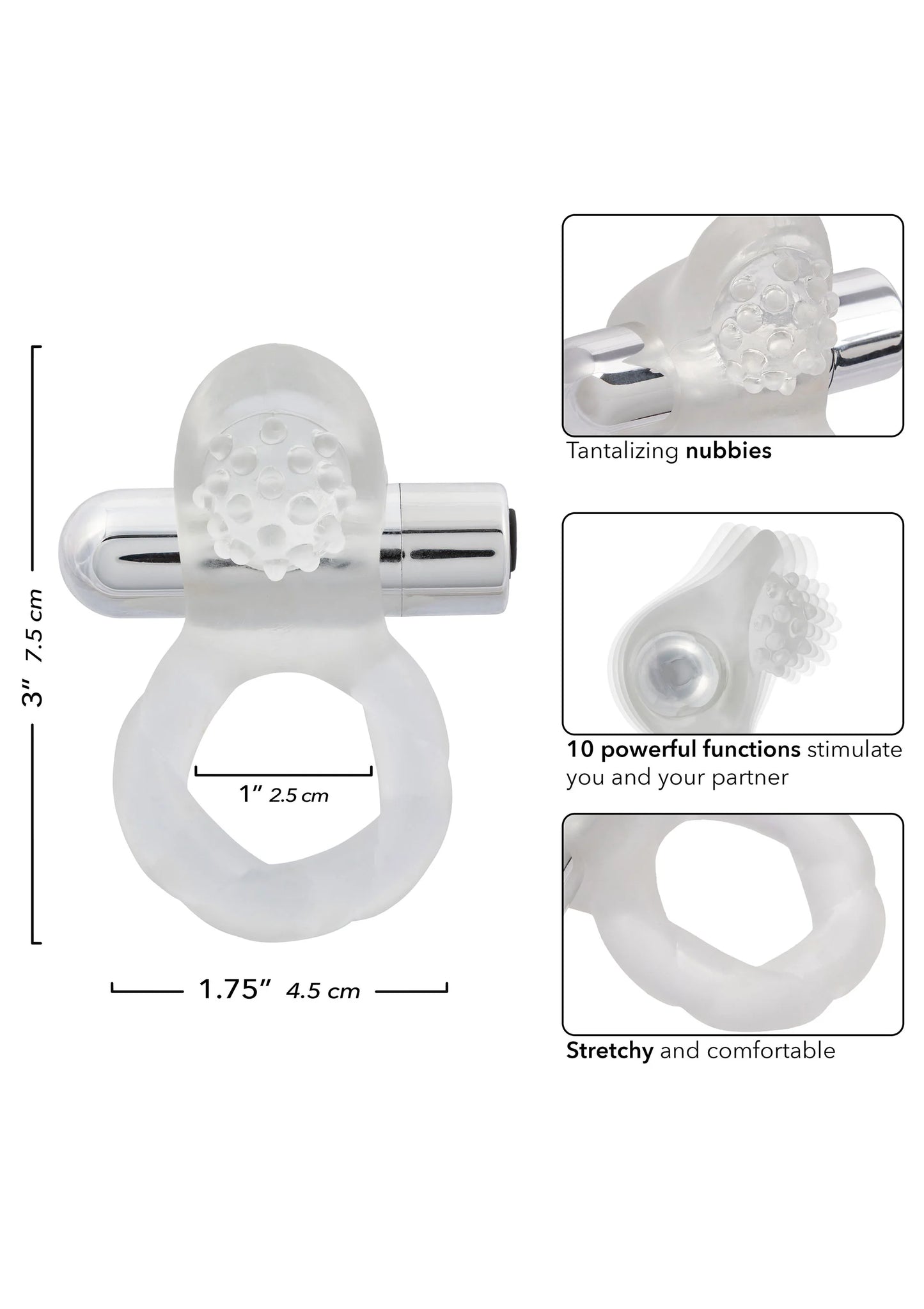 Cockring met nubbige vibratorkop; vorm en afmetingen aangegeven op de afbeelding.