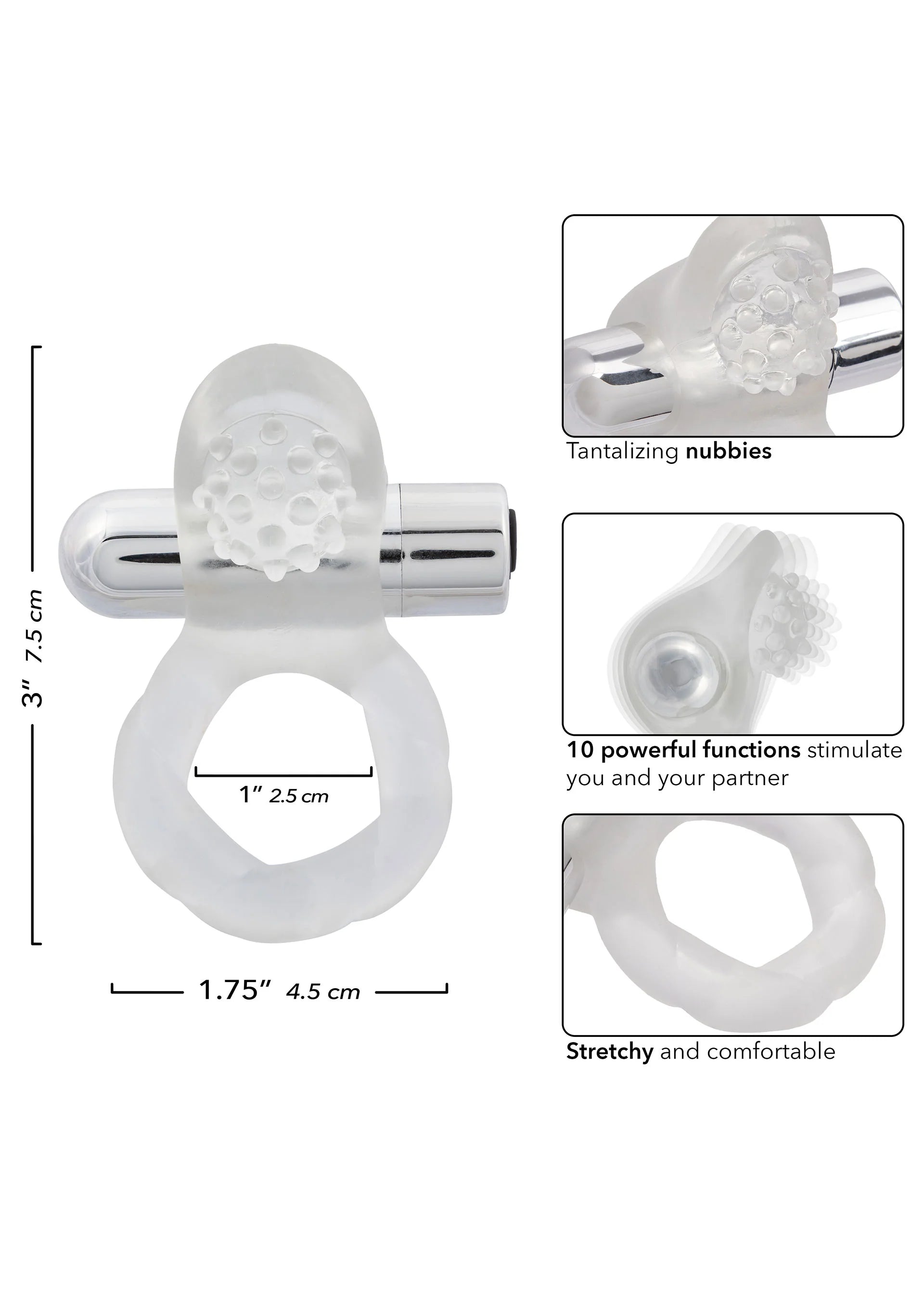 Cockring met nubbige vibratorkop; vorm en afmetingen aangegeven op de afbeelding.