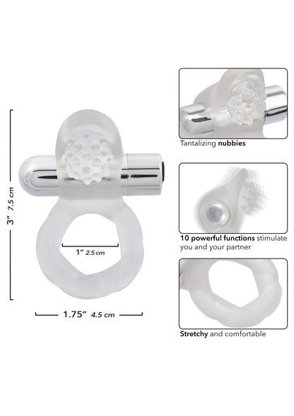 Cockring met nubbige vibratorkop; vorm en afmetingen aangegeven op de afbeelding.
