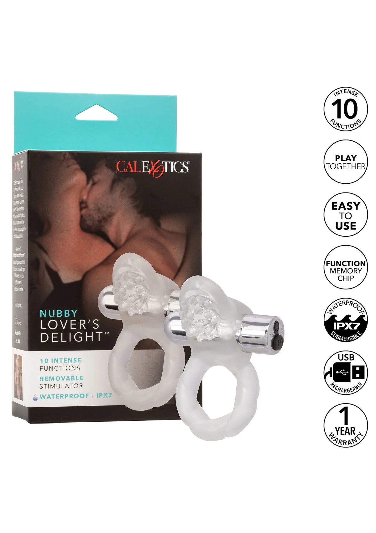 CalExotics verpakking met doorzichtige vibrerende cockring met nubbige kop en zilveren module.