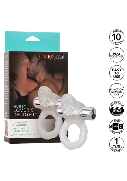 CalExotics verpakking met doorzichtige vibrerende cockring met nubbige kop en zilveren module.