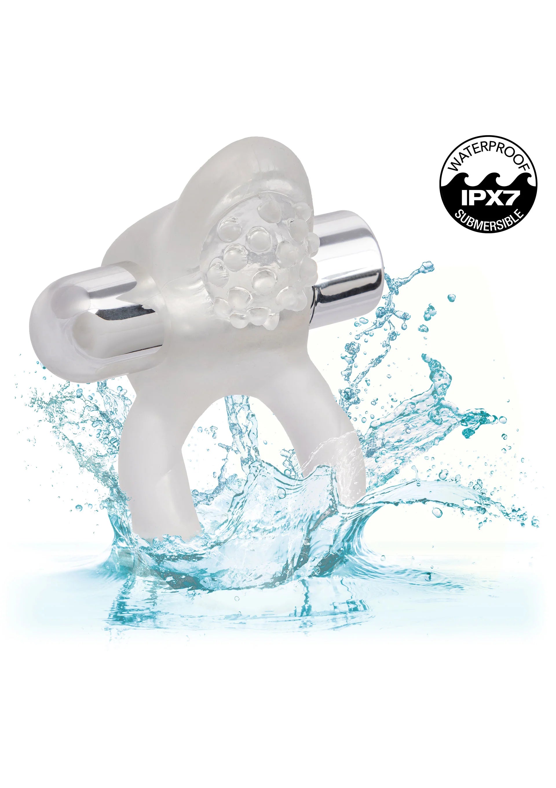 Vibrerende cockring met nubbige kop; waterbestendig met waterdruppels rond het product.