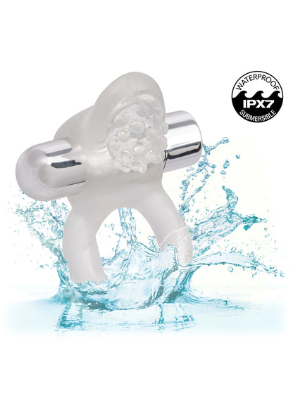 Vibrerende cockring met nubbige kop; waterbestendig met waterdruppels rond het product.