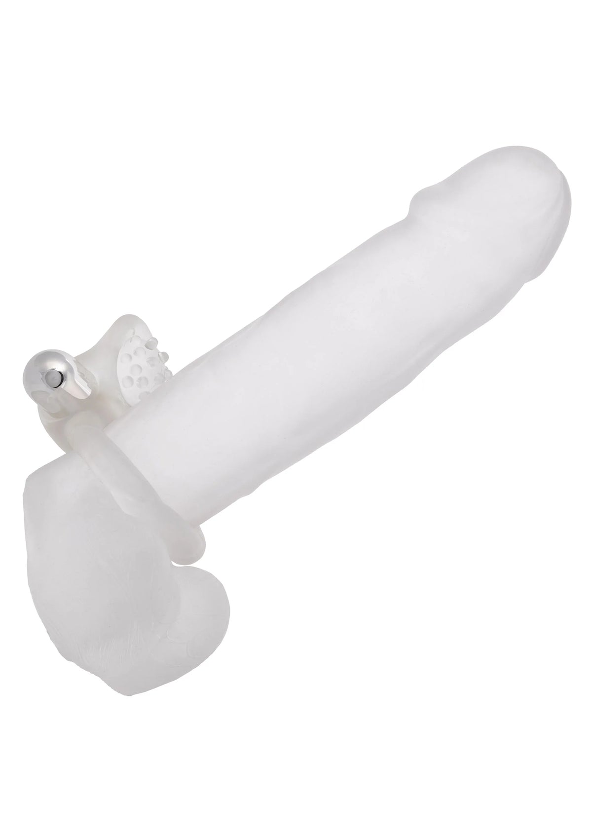 Zijaanzicht van doorzichtige cockring met nubbige vibratorkop en ringopening.