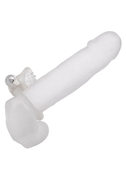 Zijaanzicht van doorzichtige cockring met nubbige vibratorkop en ringopening.