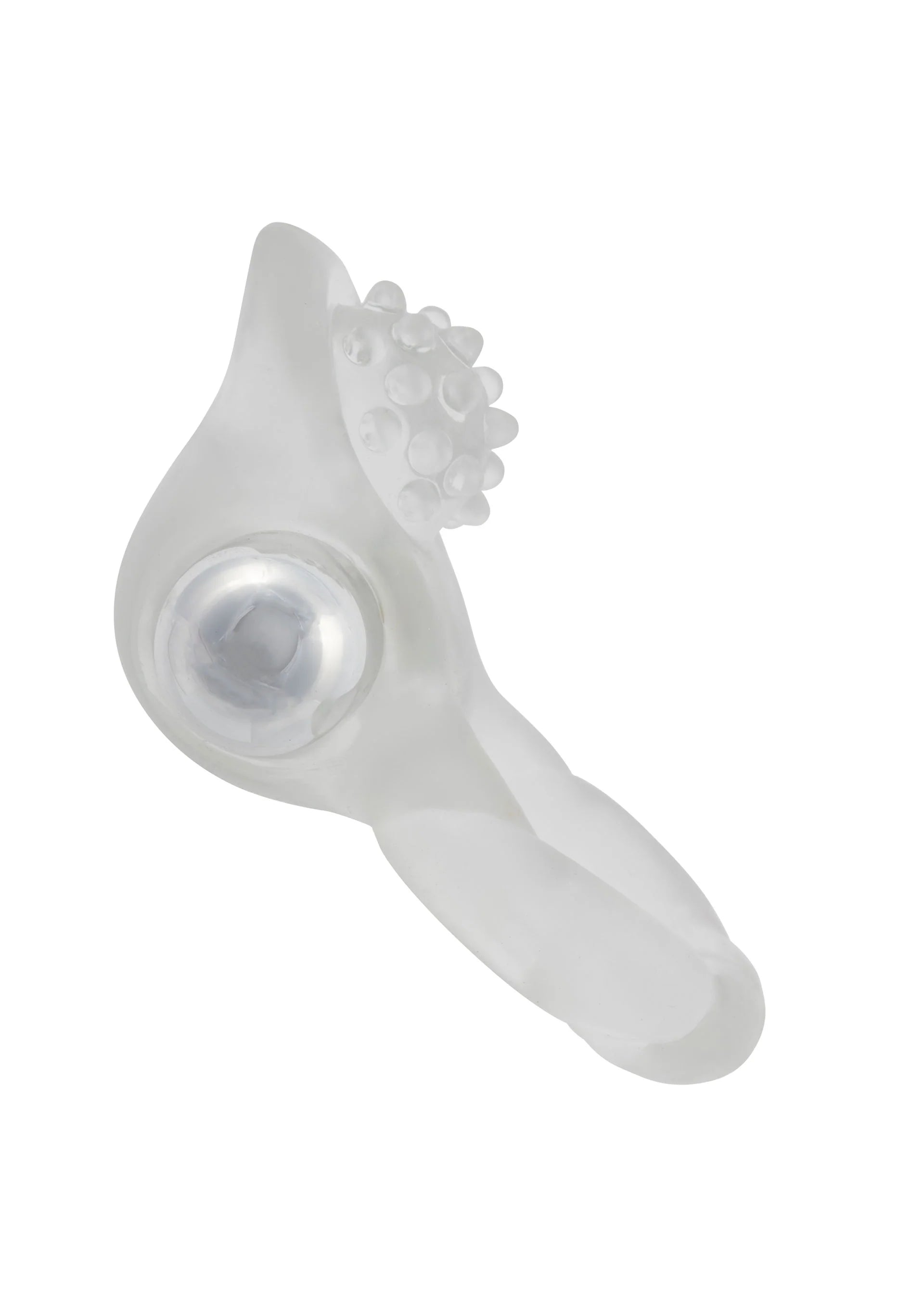 Cockring zijaanzicht: doorzichtige behuizing met nubbige kop en ronde metalen insert.