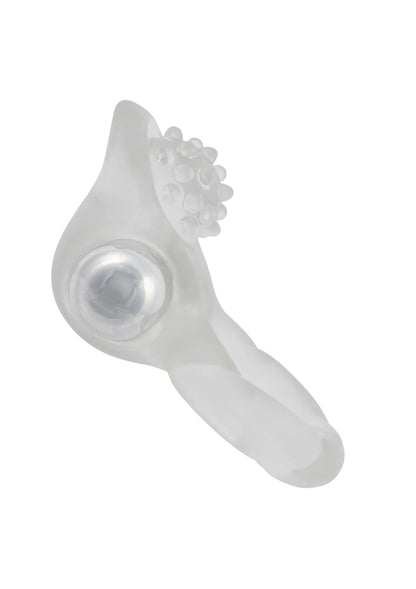 Cockring zijaanzicht: doorzichtige behuizing met nubbige kop en ronde metalen insert.