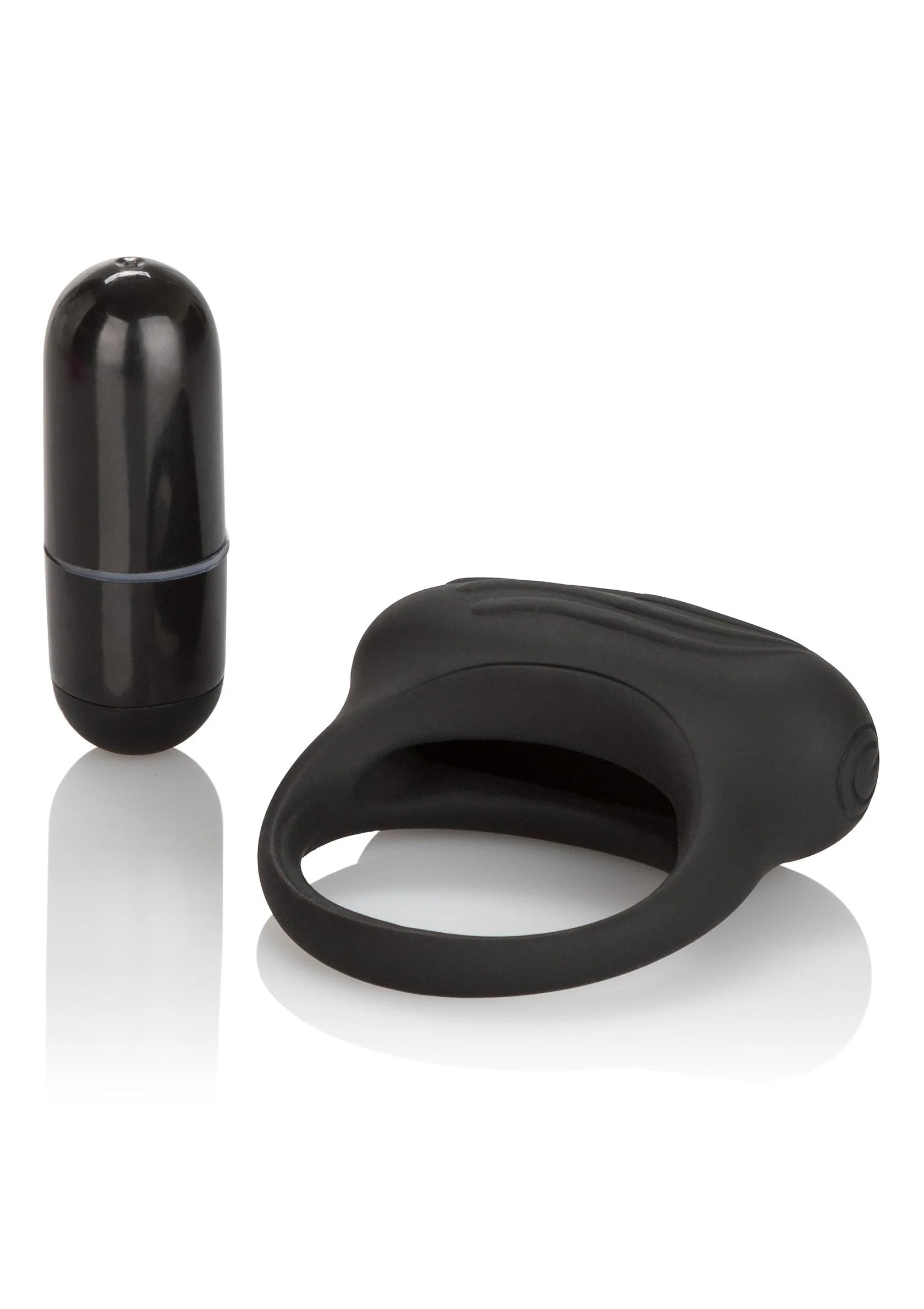 Zwarte siliconen ringvibrator met afgeronde randen en capsulevormige voet