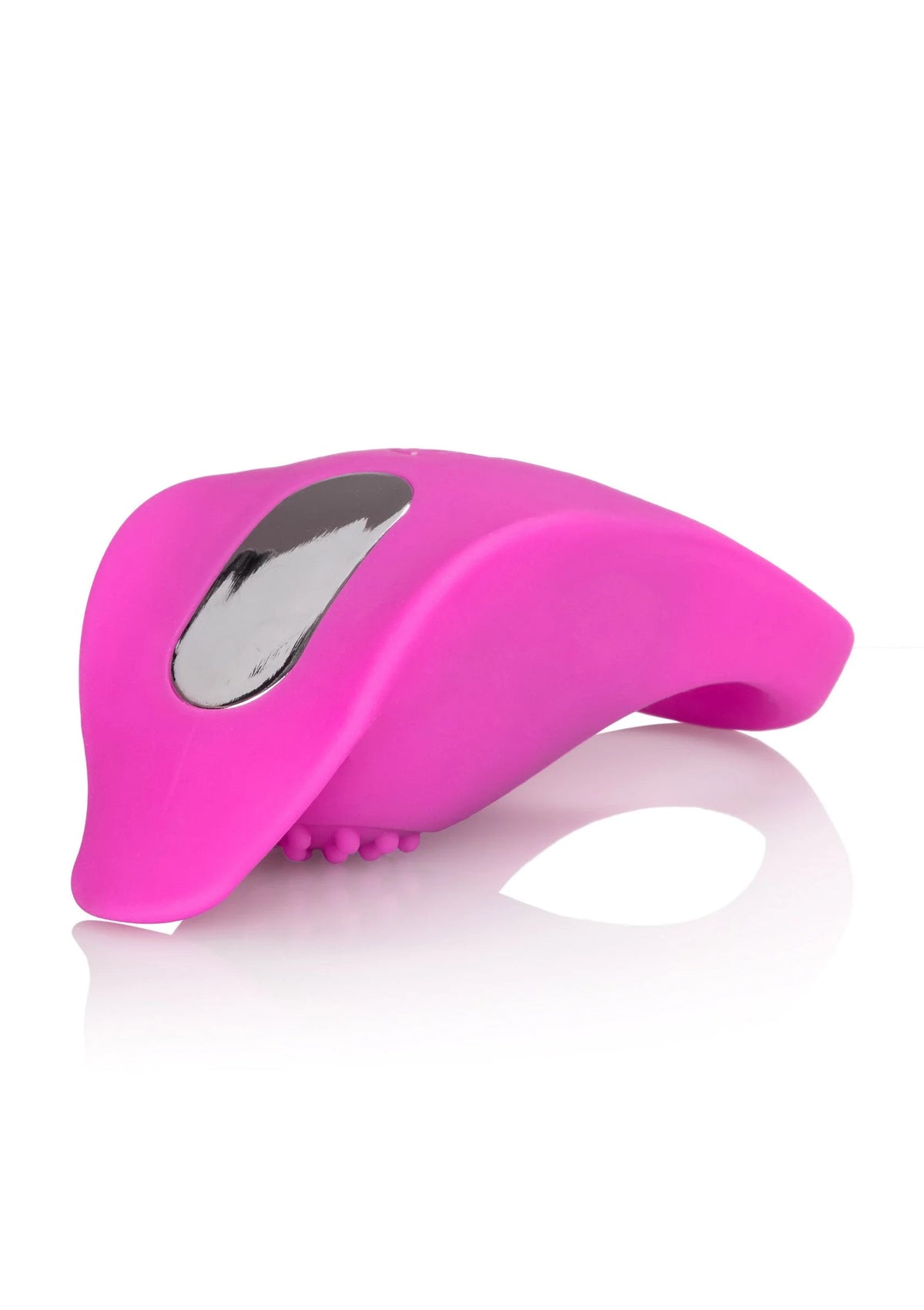 Roze siliconen cockring met metalen vibratie-inzet en ovale opening vanuit zijkant