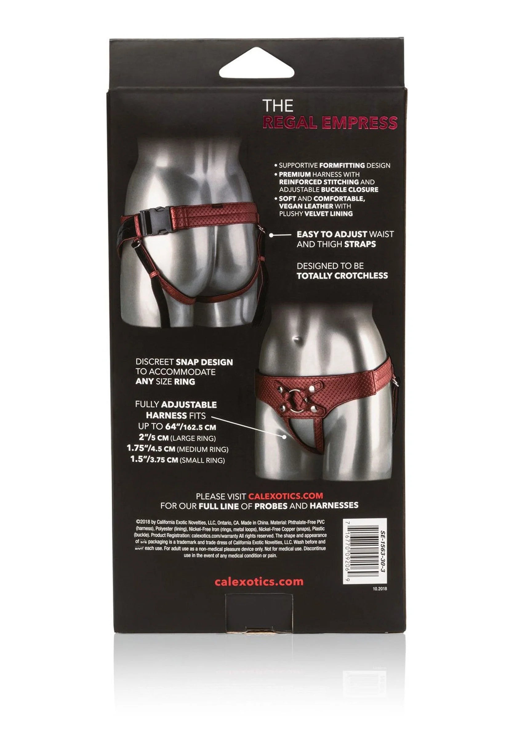 Achterzijde verpakking CalExotics Regal Empress harnas met open kruis