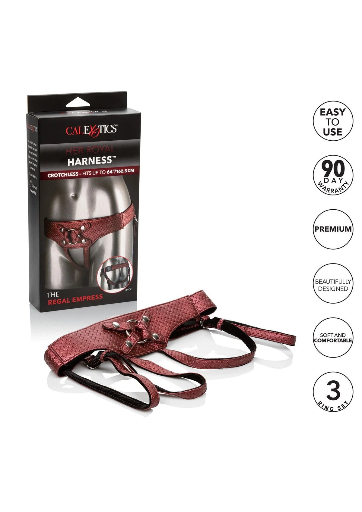 CalExotics Regal Empress harnasset met riemen en metalen ringen voor open kruis