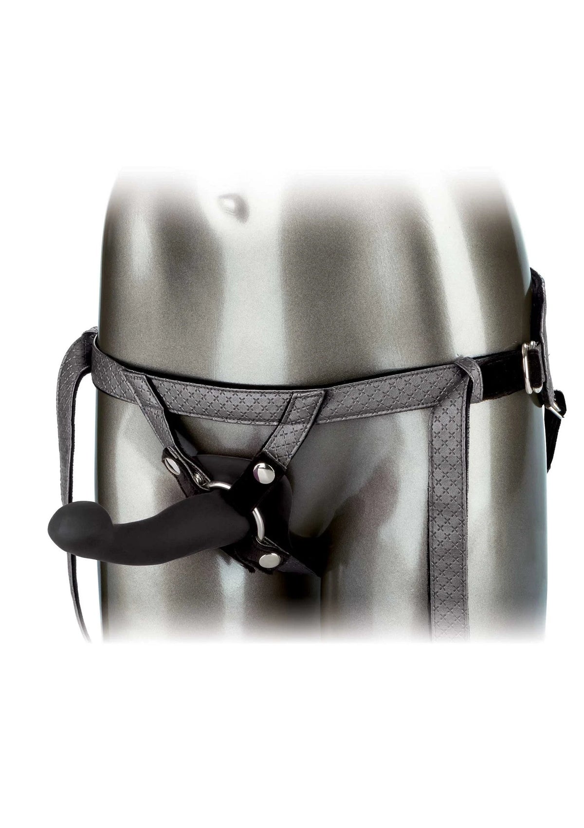 Zijaanzicht grijs metalen harness met zwarte riemen en ronde bevestiging